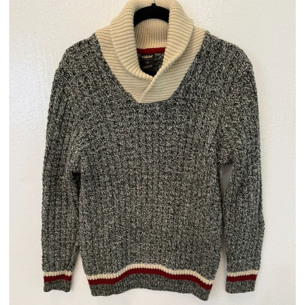 Men's Wool Blend Sweater by Far West Shawl Collar Sleeve Stripes Grey Large
